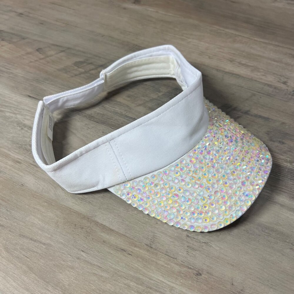 White Adjustable Visor Hat With Iridescent Rhinestones On Brim - Picture 3 of 5
